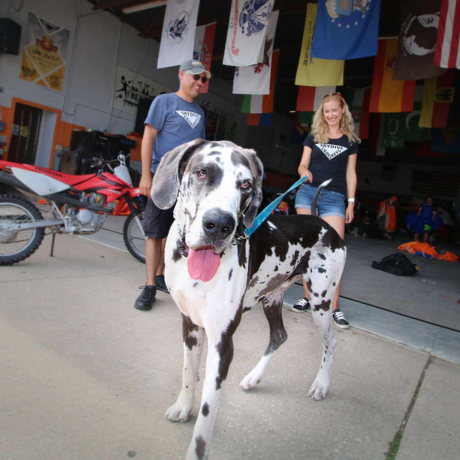 Skydive Cross Keys employees smiling at the dropzone with a big dog.